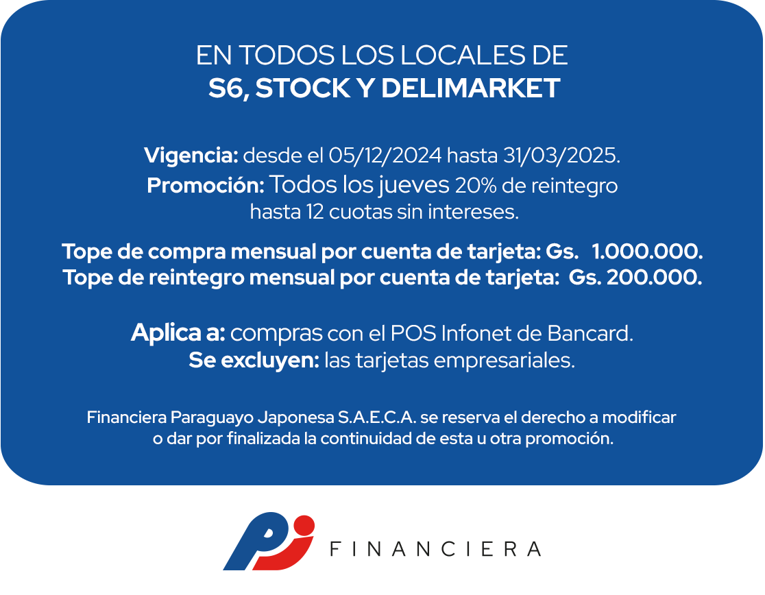 Delimarket, S6, Stock 20% Reintegro 12 Cuotas Supermercado Jueves